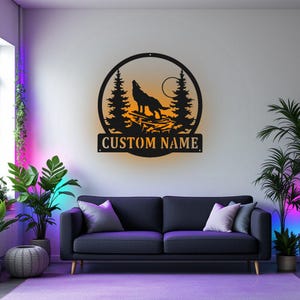 Custom Wolf Howling Metal Sign: Personalized LED Room Decor