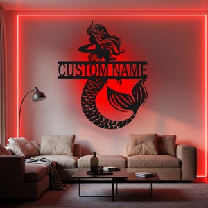Custom Mermaid Led Light Metal Wall Art Monogram Marine Wild Life Lover Name Sign Home Decor Gifts For Girlfriend