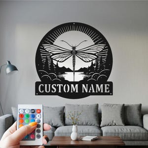 Custom Dragonfly Metal Sign with RGB LED Lights: Personalized Name Decor