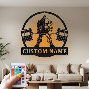 Custom Powerlifting Metal Wall Art with LED: Personalized Home Gym Decor