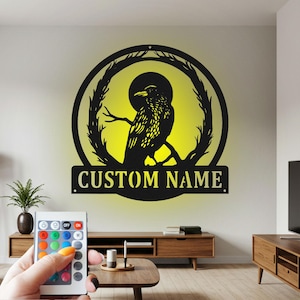 Enseigne personnalisée en métal corbeau noir, enseigne personnalisée nom corbeau, décoration d'enseigne personnalisée pour chambre, décoration LED en métal oiseau corbeau