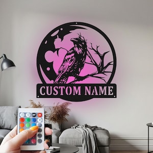 Custom Raven Metal Sign with RGB LED - Personalized Bird Wall Decor