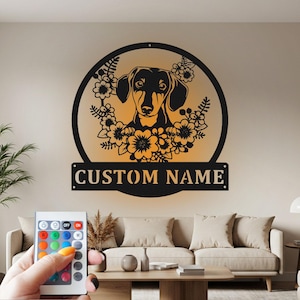 Floral Dachshund Custom Sign Metal Wall Art LED Light, Custom Sign Dachshund Name Custom Sign Decoration For Pet Room, Dachshund Metal Decor