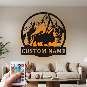 Custom Bison Metal Wall Art with LED: Personalized Name Sign