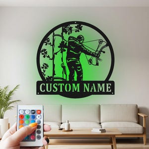 Custom Bow Hunter Metal Sign: Personalized LED Room Decor
