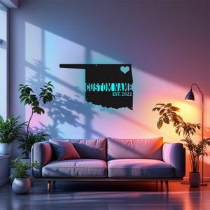 Arte de pared de metal con mapa de Oklahoma personalizado con luz LED, letrero con el nombre del estado de Oklahoma personalizado para decoración de habitación, decoración de Born In Oklahoma