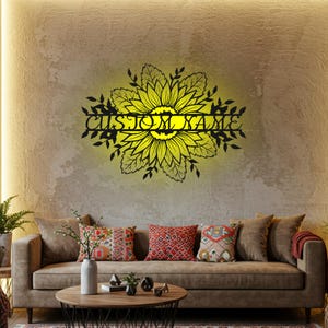 Custom Sunflower Monogram LED Metal Wall Art: Farmhouse Decor