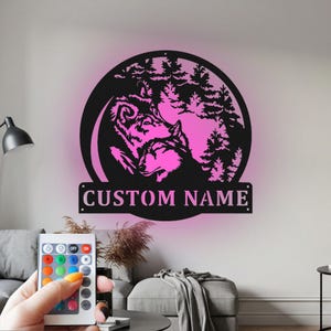 Custom Couple Wolf Metal Wall Art with LED: Personalized Home Decor