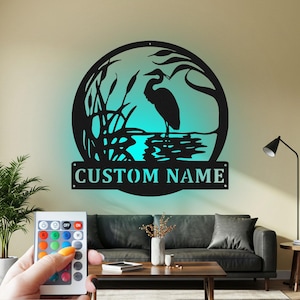 Custom Heron Metal Wall Art with RGB LED Light - Personalized Name Sign