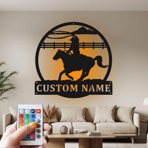 Custom Cowboy Roper Metal Wall Art with LED Light - Personalized Name Sign