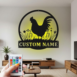 Custom Rooster Metal Wall Art with LED Light - Personalized Name Sign
