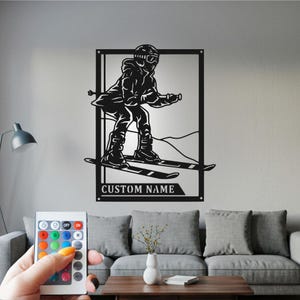 Male Skiing Signage Sign Metal Wall Art Led Light, Sign Skiier Name Sign Decoration, Male Skiing Signage Metal Led Decor