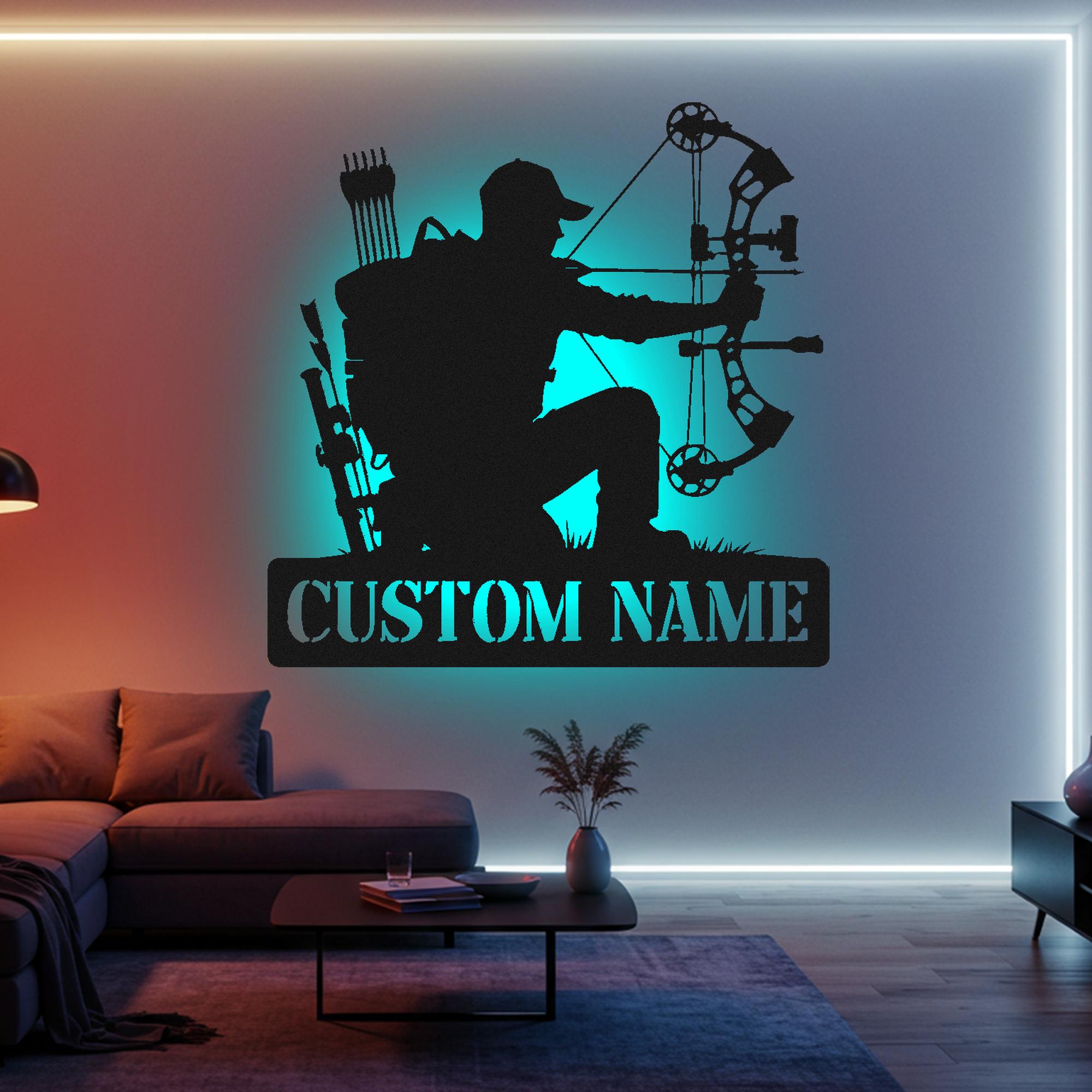 Custom Compound Bow Hunter LED Metal Wall Art: Personalized Hunting Decor