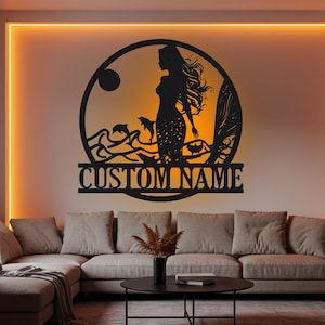 Personnalisé sirène lumière LED métal art mural monogramme marin vie sauvage amoureux nom signe décoration maison cadeaux pour petite amie cercle