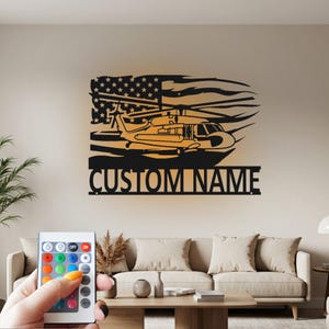 Custom US Helicopter Metal Wall Art with RGB LED Light