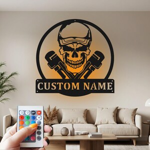 Custom Plumber Skull Metal Wall Art with LED Light