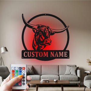 Custom Longhorn Head Metal Wall Art With Led Light, Personalized Longhorn Name Sign Decoration For Room, Longhorn Metal Led Decor, Longhorn