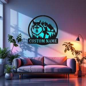 Custom Wolf Howling Metal Sign: Personalized LED Room Decor