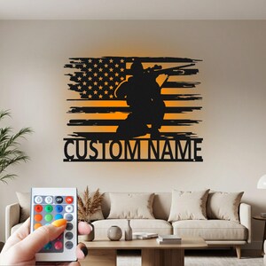 Custom US Veteran Metal Wall Art: LED Soldier Name Sign