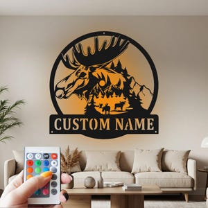 Custom Moose Scene Metal Wall Art with LED Light