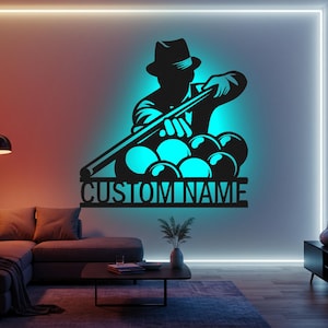 Custom Billiards LED Metal Wall Art: Personalized Snooker Player Decor