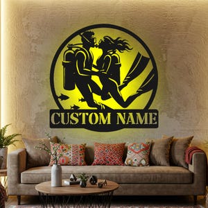 Custom Scuba Diving LED Metal Wall Art: Couple Name Sign