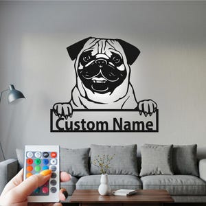 Personalized Pug Metal Wall Art with RGB LED Light