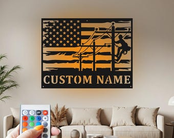 Custom Lineman USA Flag Metal Wall Art with LED Light