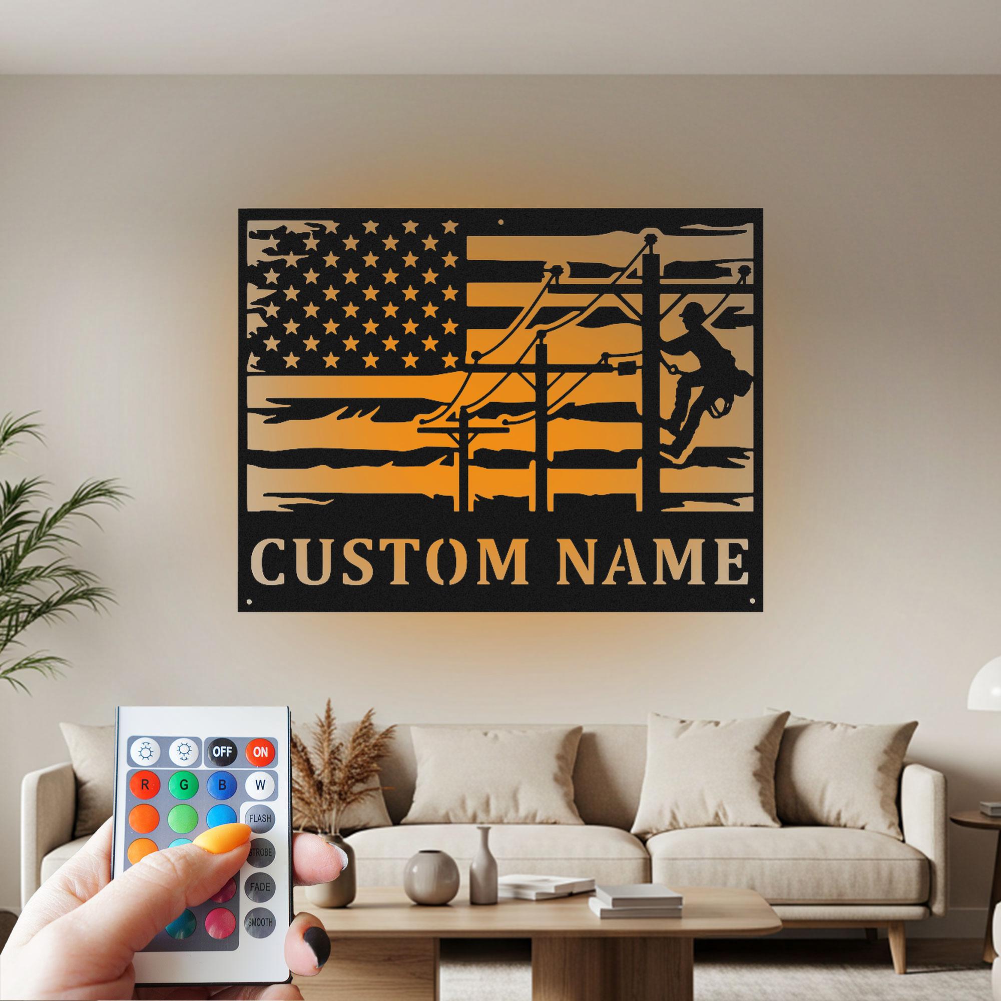 Custom Lineman USA Flag Metal Wall Art with LED Light