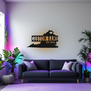 Arte de pared de metal con mapa de Virginia personalizado y luz LED, letrero con el nombre del estado de Virginia personalizado para decoración de habitación, decoración de "nacido en Virginia"