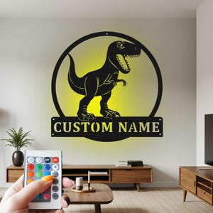 Custom T-Rex Metallwand-Kunst mit LED: Personalisiertes Dinosaurier-Namensschild