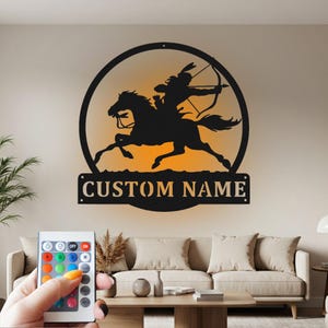 Custom Indian Horse Rider Metal Wall Art with RGB LED Light