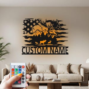 Decorazione murale in metallo con alce americano personalizzata con luce a LED, decorazione personalizzata con nome alce per soggiorno, decorazione in metallo alce, alce personalizzato