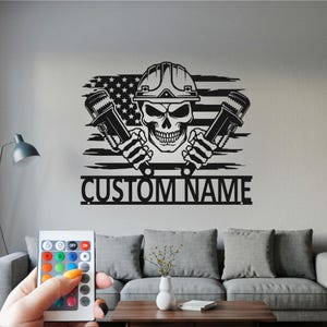 Custom Plumber Skull Metal Wall Art with LED: Personalized Name Sign