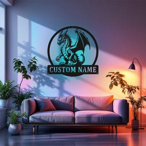 Custom Magic Dragon Metal Sign, Personalized Dragon Name Sign Decoration For Room, Dragon Metal Led Decor, Custom Dragon Name