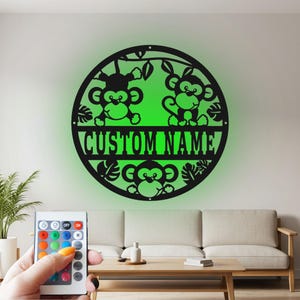 Cute Monkey Custom Sign Metal Wall Art Led Light, Custom Sign Monkey Name Custom Sign Decoration For Room, Monkey Metal Led Decor, Monkey
