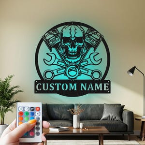 Custom Mechanic Skull Metal Wall Art with LED Light