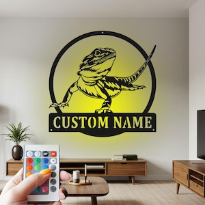 Custom Bearded Dragon Metal Wall Art with LED: Personalized Name Sign