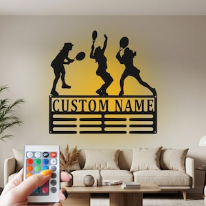 Tennis Female Medal Holder Light, Tennis Player Name Medal Hanger, Tennis Medal Display Awards Custom Sign, Tennis