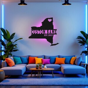 Arte de pared de metal con mapa de Nueva York personalizado y luz LED, letrero con el nombre del estado de Nueva York personalizado para habitación, decoración de "nacido en Nueva York"