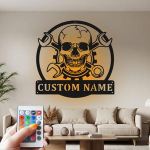Custom Skull Mechanic Metal Wall Art with LED Light
