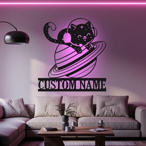 Custom Cat Astronaut Metal Wall Art: Moon & Stars LED Name Sign