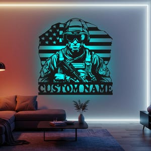 Custom US Soldier Metal Wall Art: LED Military Name Sign
