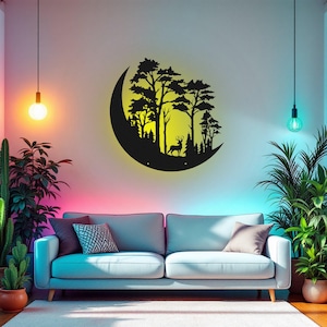 Deer Moon Forest Metal Wall Art con luce LED, decorazione in metallo con cartello da cacciatore di cervi per la stanza, decorazione in metallo per la caccia ai cervi, Deer Moon Forest