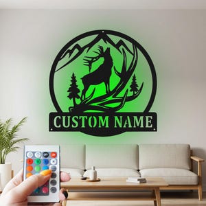 Custom Elk Deer Metal Wall Art with LED: Personalized Name Sign