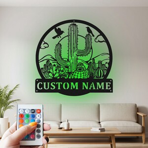 Kundenspezifische Kaktus- Metallwand-Kunst mit RGB-LED-Licht - Wüsten-Innendekor