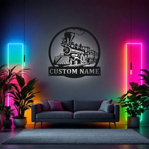 Custom Train Metal Wall Art with LED: Personalized Name Sign