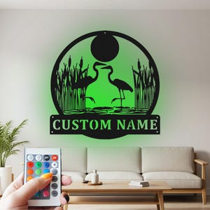 Custom Heron Couple Metal Wall Art with RGB LED Light
