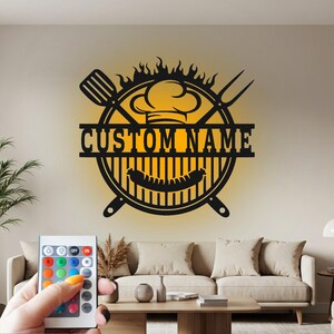 Grill BBQ Custom Sign Metal Wall Art Led Light, Custom Sign Grill FamilyName Custom Sign Decoration For Room, Grill Bbq Metal Led Decor
