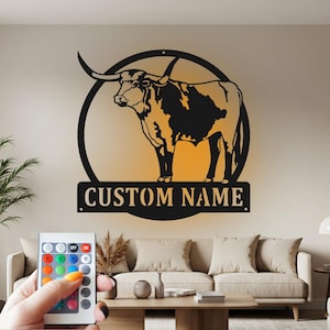 Custom Longhorn Metal Wall Art With LED Light, Personalized Longhorn Name Sign Decoration For Room, Longhorn Metal Decor,Custom Longhorn